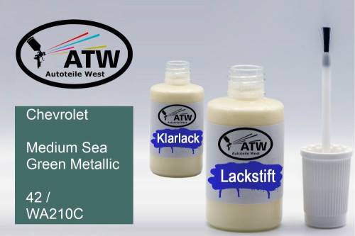 Chevrolet, Medium Sea Green Metallic, 42 / WA210C: 20ml Lackstift + 20ml Klarlack - Set, von ATW Autoteile West.